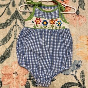 Blue and Green Gingham Smocked Floral Kids One Piece